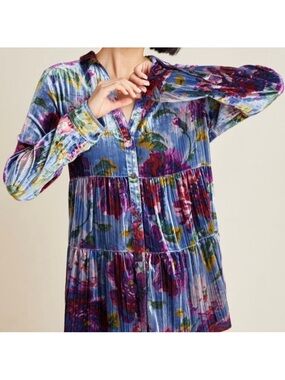 Maeve Reverie Anthropologie Velvet Floral Peplum Tunic Top Blue Purple XL NWOT